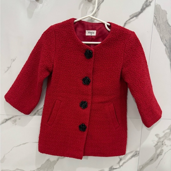 Annie Kids Red Pea Coat with Black Rose Buttons - Picture 1 of 6